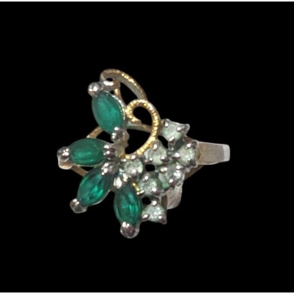 Vintage Faux Emerald And Diamond 14kt Gold Plated Floral Ring Size 5 3/4 - Picture 9 of 14